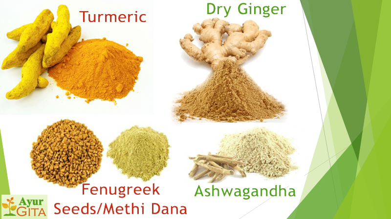 Joint Pain Relief Ayurvedic Tips: Combination of powdered turmeric, fenugreek seeds (Methi Dana), dry ginger, and Ashwagandha powder.